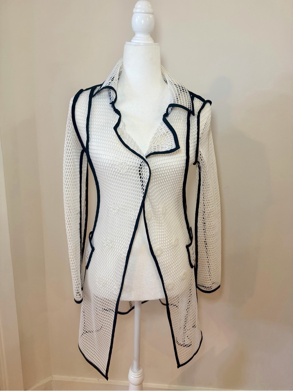 SEEK The Label White Mesh Longline Blazer Jacket Black Trim S